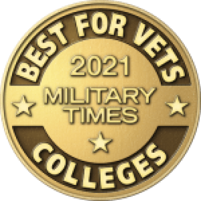 Round gold icon that reads "Best for Vets Colleges" on the perimeter and "2021 Military Times" in the center.