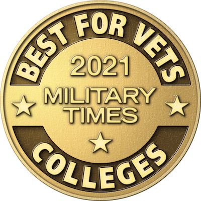 Round gold icon that reads "Best for Vets Colleges" on the perimeter and "2021 Military Times" in the center.