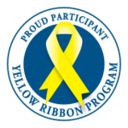 Icon showing a yellow ribbon on a blue background with the words "Proud Participant Yellow Ribbon Program" around it.