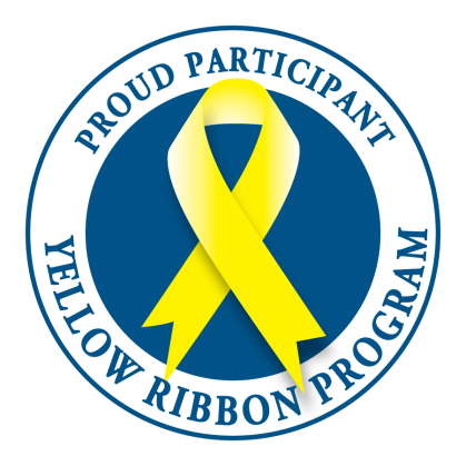 Icon showing a yellow ribbon on a blue background with the words "Proud Participant Yellow Ribbon Program" around it.