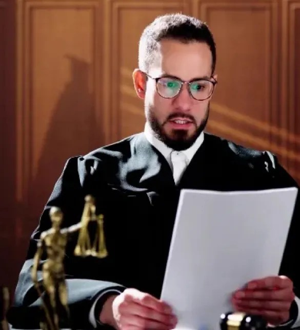 judge sitting in courtroom reviewing a document